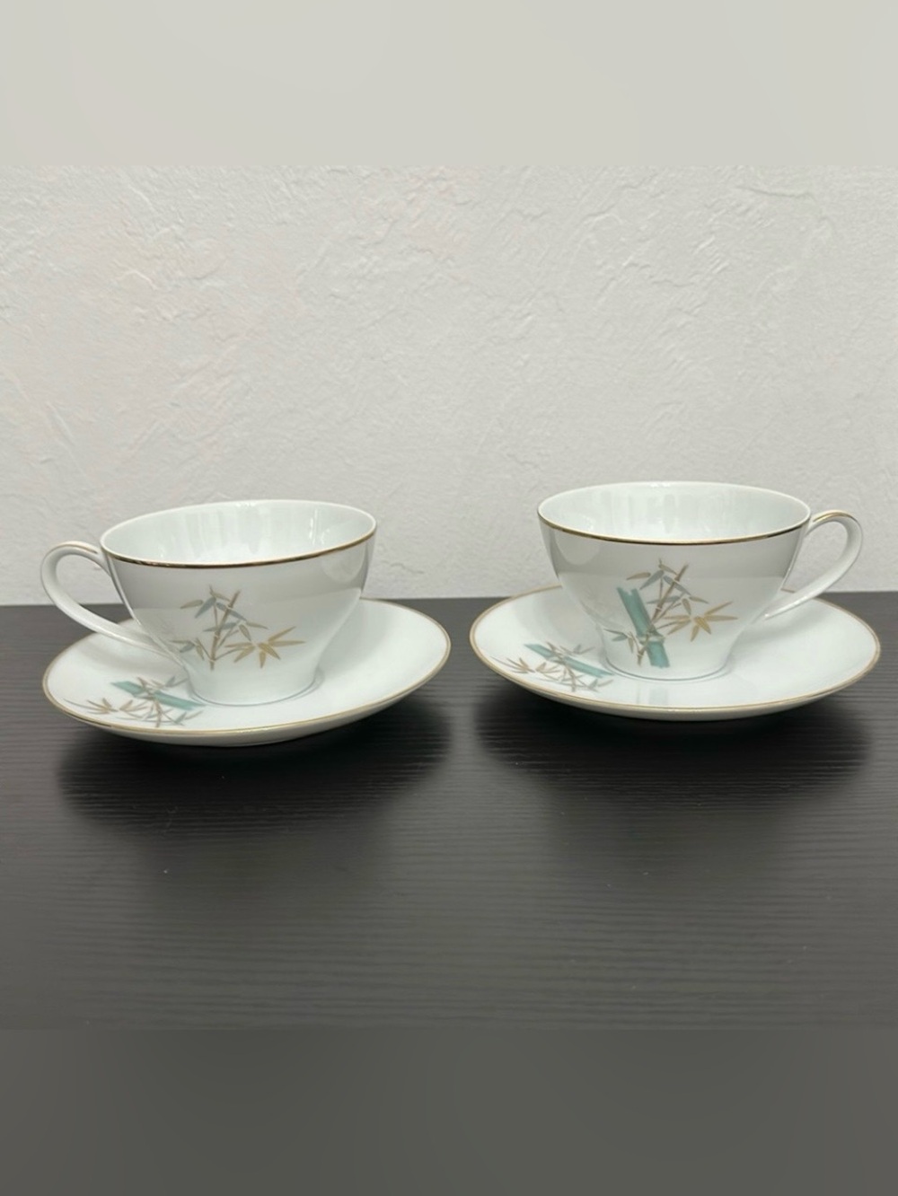 NORITAKE 6341 Oriental Cup & Saucer Set of 2 Vintage Bamboo Porcelain Gold Rim